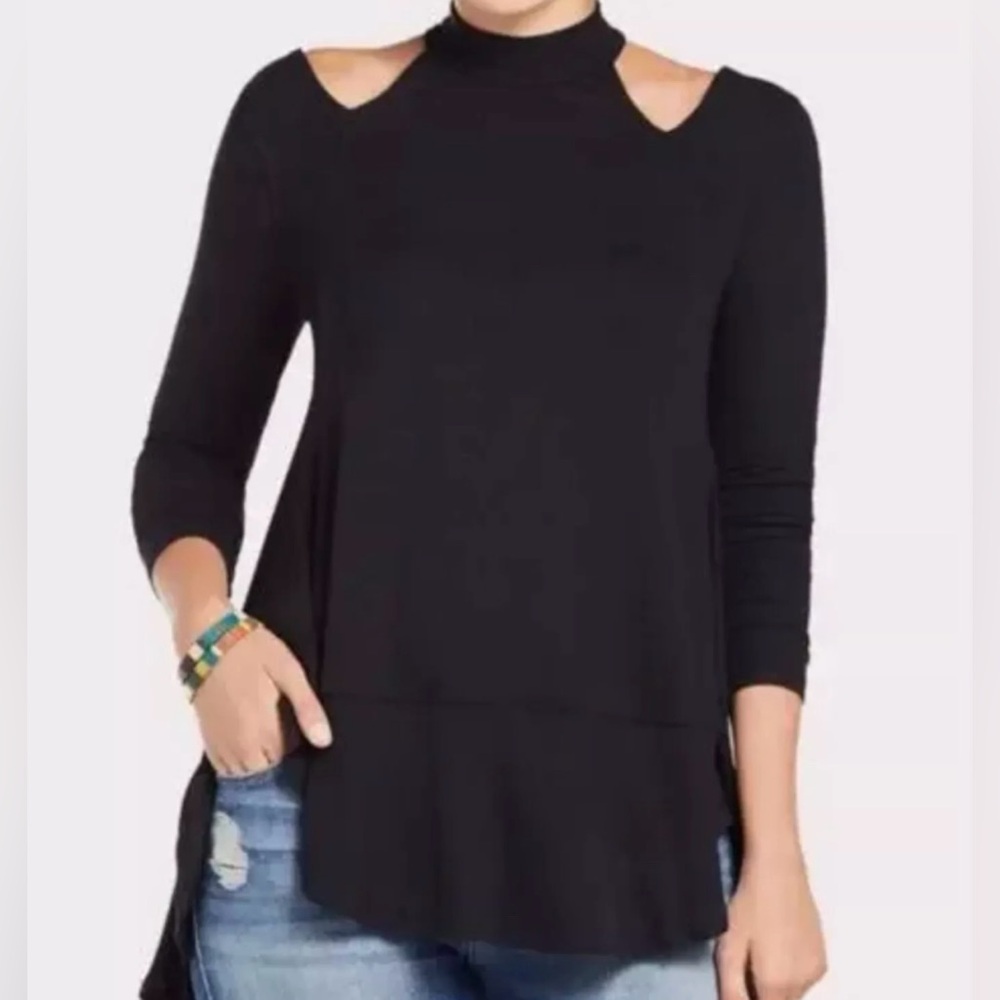Free People Downtown Girl Black Cut Out Flowy Mock Turtleneck S - Picture 2 of 13